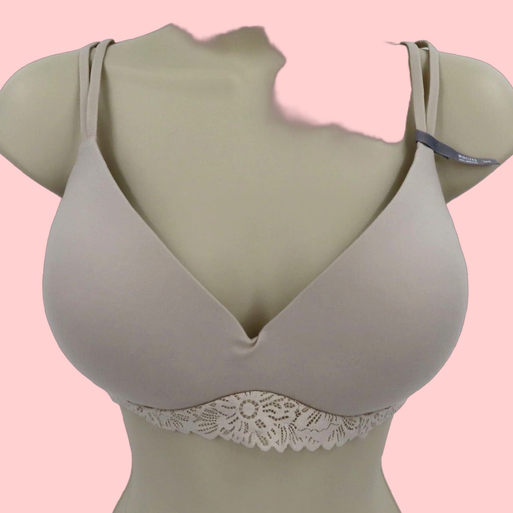 Vintage Aerie 36D Beige Gray Wireless Padded Floral Flower Lace Trim Bra New No Tags, Women's