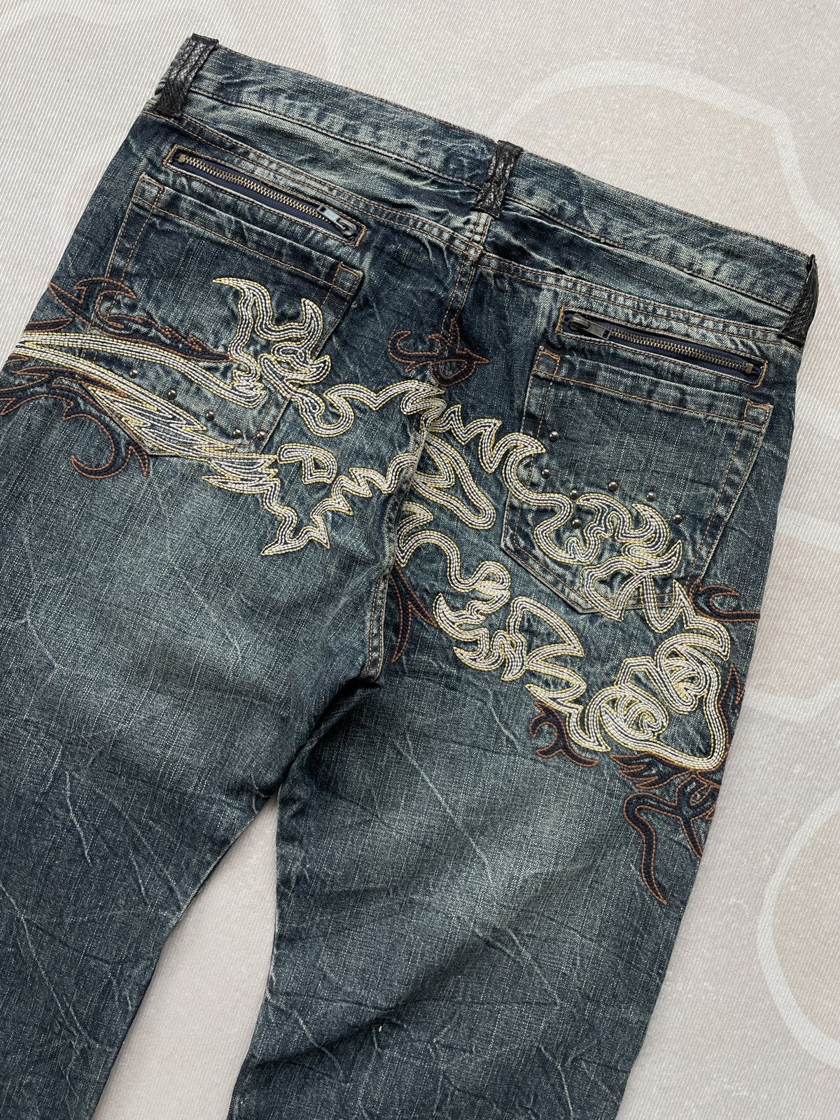 Japanese Brand Flame Embroidery Jeans (LG105) Size US 36 / EU 52 - 4 Thumbnail