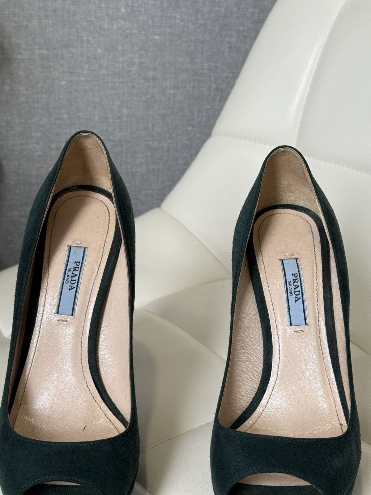 Prada Prada Green Suede Platform Peep Toe Stiletto High Heel Pumps Size US 7.5 / IT 37.5 - 17 Thumbnail