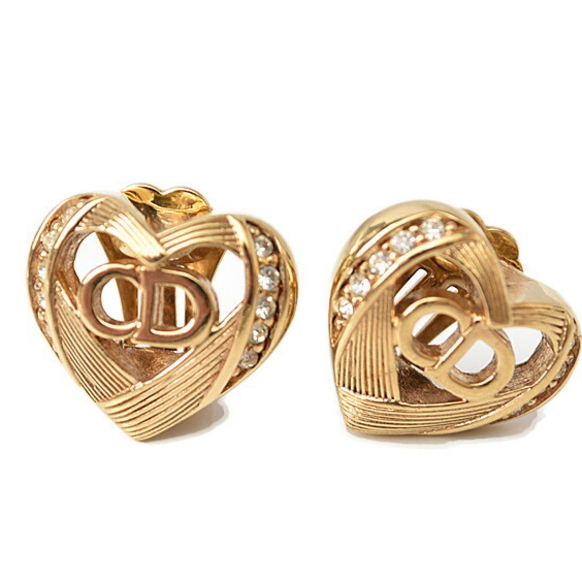 image of Christian Dior Earrings Heart Motif Rhinestone Gold, Women's