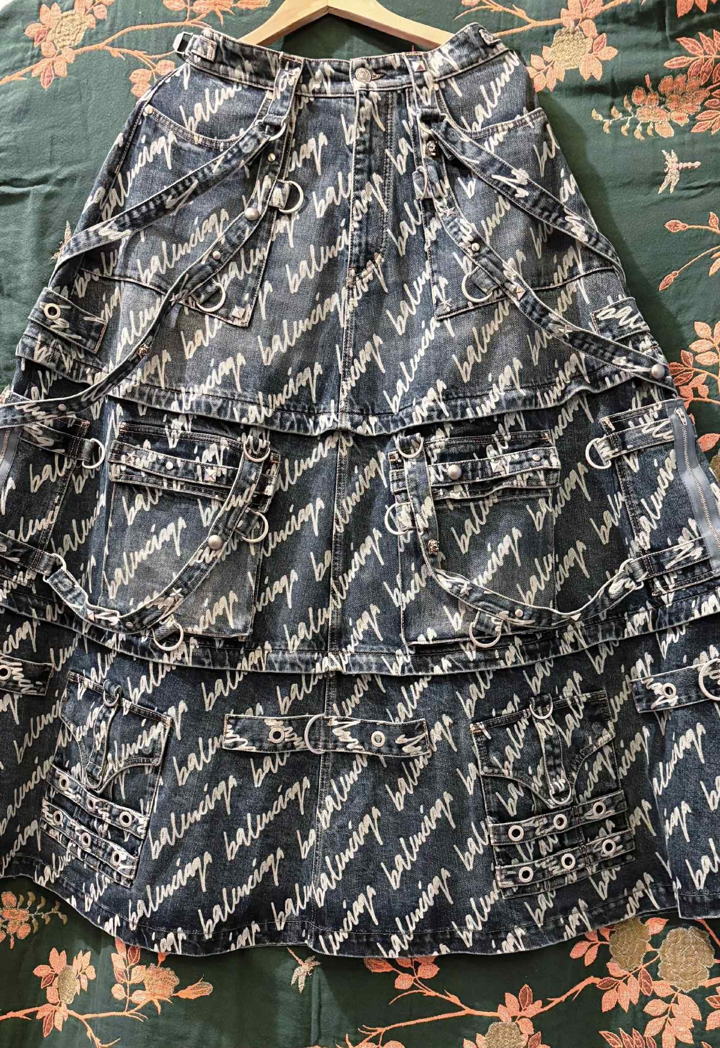 Balenciaga Allover Logo Denim Raver Skirt Size US 30 / EU 46 - 1 Thumbnail