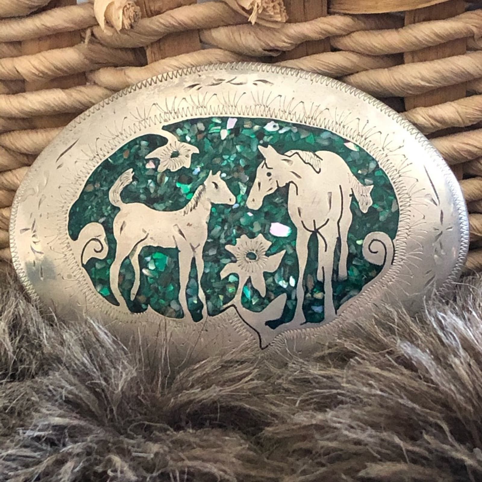 image of Vintage Artist Signed Inlaid Stone Belt Buckle in Silver, Men's