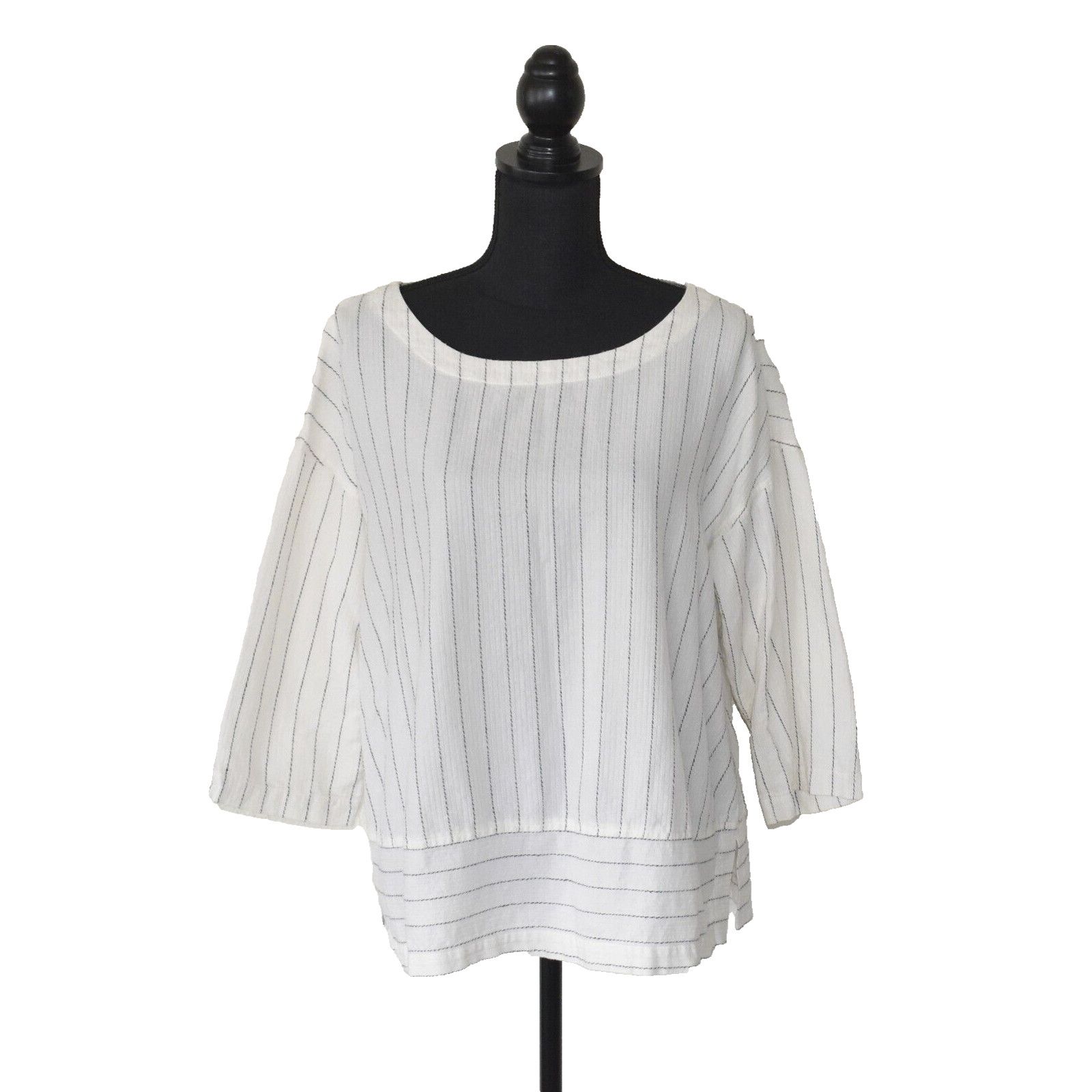 Eileen Fisher EILEEN FISHER Striped Tencel Org Cotton 3/4 Sleeve Top Sz L Size L / US 10 / IT 46 - 1 Thumbnail