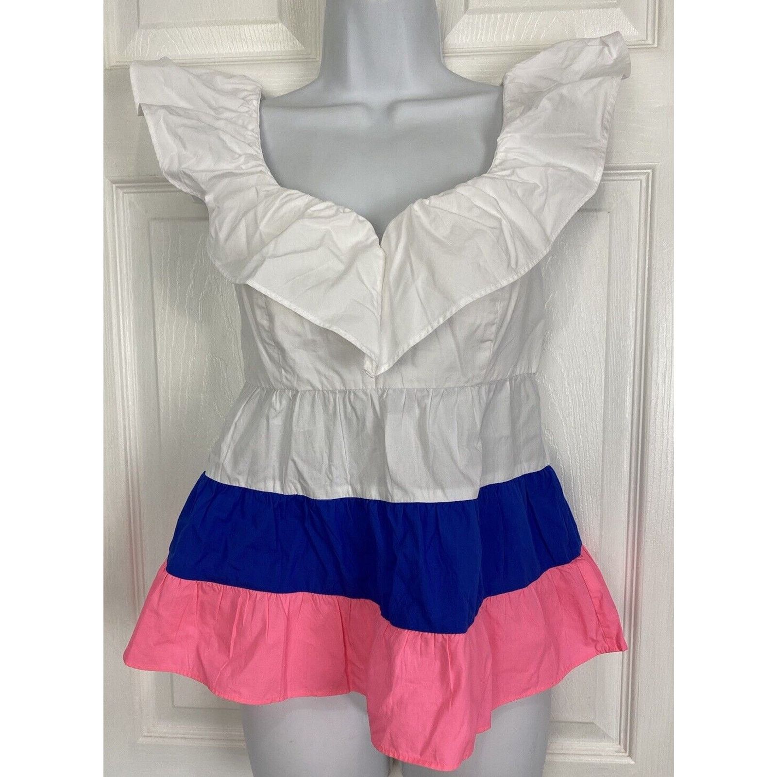 Lilly Pulitzer Lilly Pulitzer White Blue Cotton Emie Ruffle Peplum Top Size XXS / US 00 / IT 34 - 1 Thumbnail