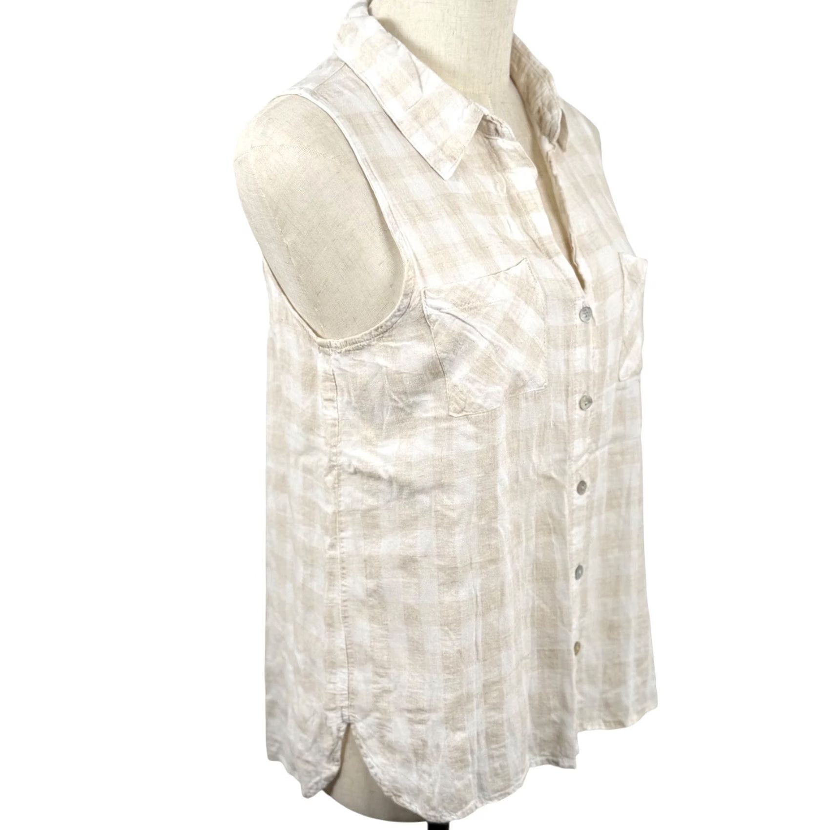 Vintage Just Living S Sleeveless Plaid Linen Blend Button Down Shirt Coastal Neutral GUC Size S / US 4 / IT 40 - 4 Thumbnail