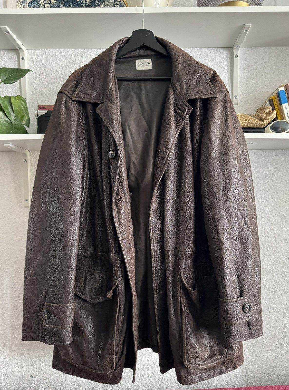 image of Armani x Armani Collezioni Brow Leather Jacket in Dark Brown, Men's (Size Large)