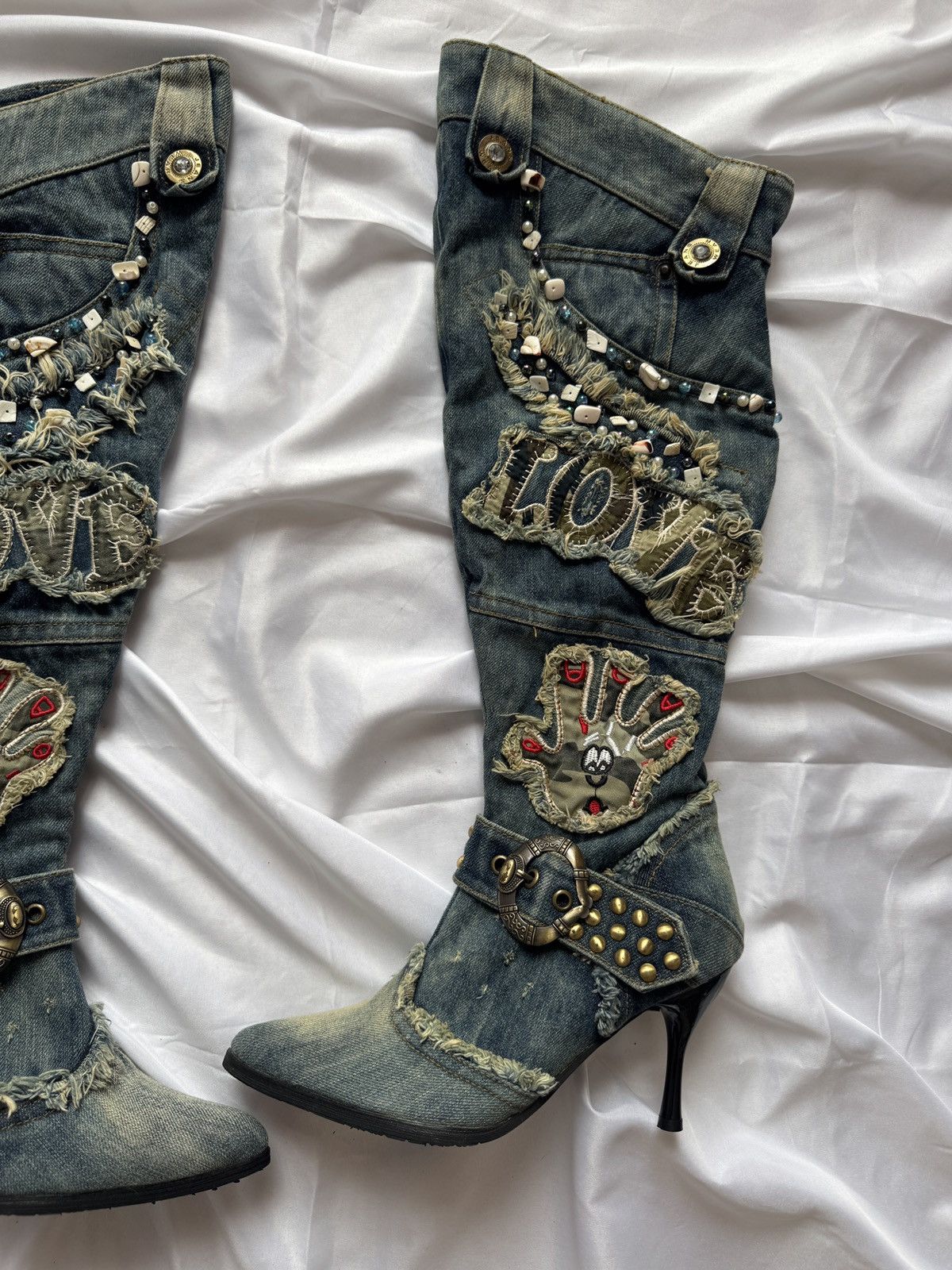Hysteric Glamour Y2K Vintage Distressed Patchwork Knee-High Jeans Boots Size US 7 / IT 37 - 5 Thumbnail