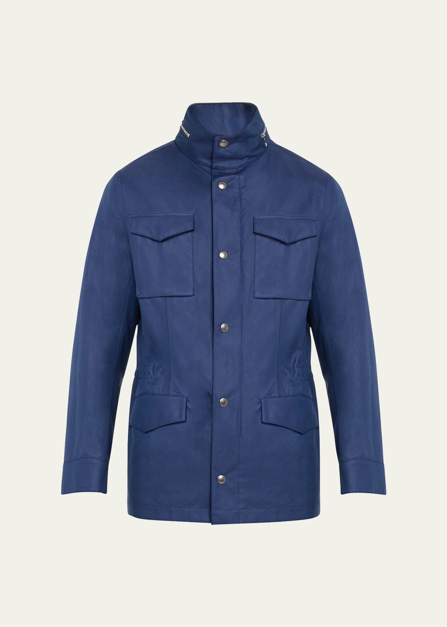 Brunello Cucinelli o1w1db10725 Linen Silk Concealed Zip Safari Jacket in Blue Size US L / EU 52-54 / 3 - 1 Thumbnail
