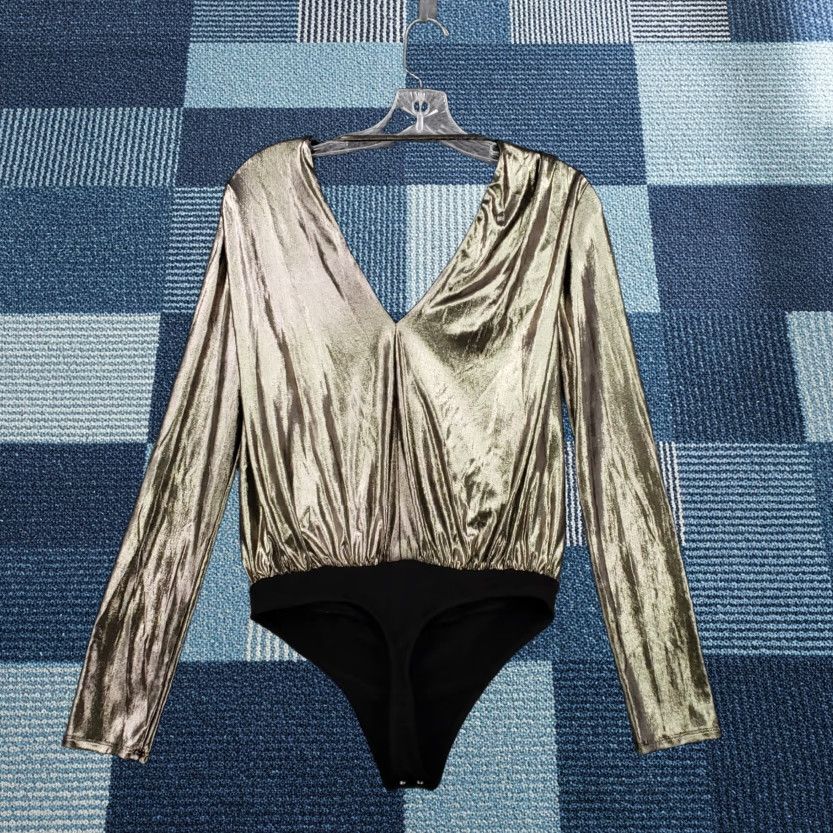 Express Express Bodysuit Womens S Gold Metallic V Neck Long Sleeve Thong Sexy One Piece Top Hat? Size S / US 4 / IT 40 - 1 Thumbnail