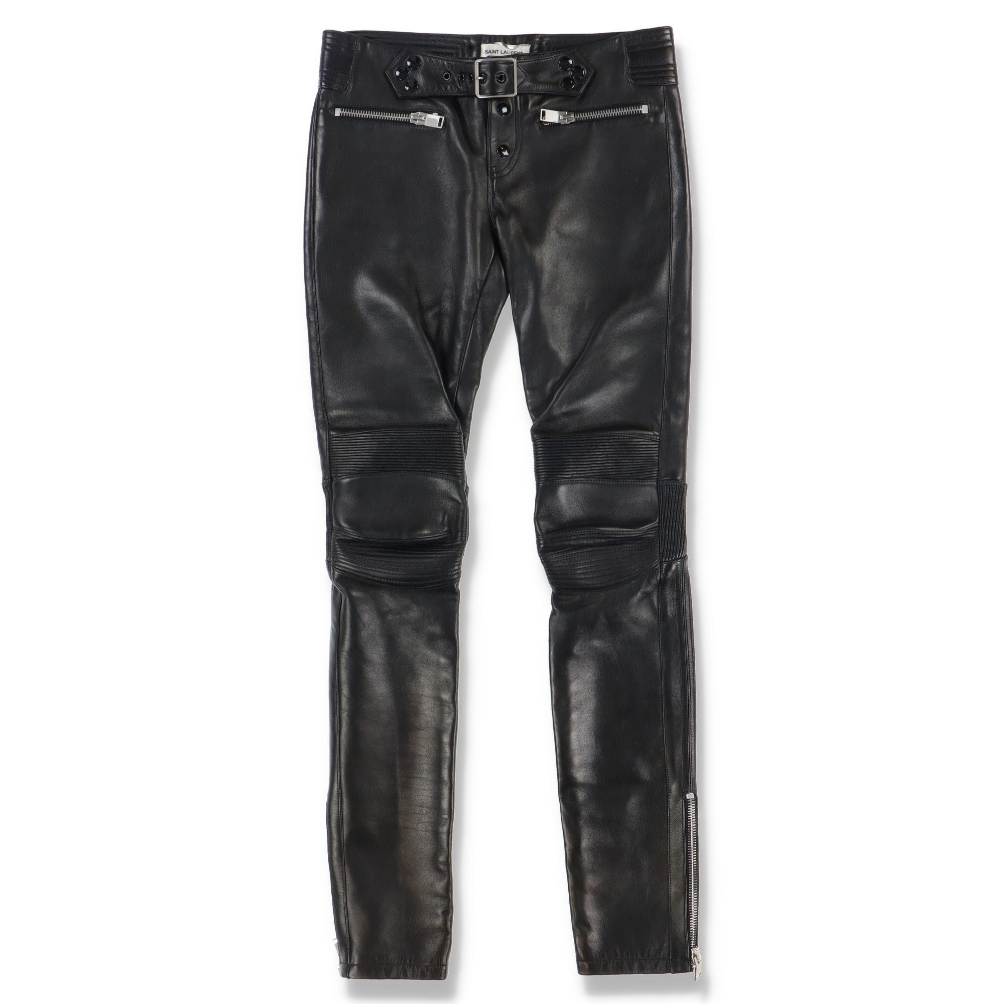 image of Saint Laurent Paris Black Ribbed Multi Zip Leather Biker Pants, Men's (Size 30)