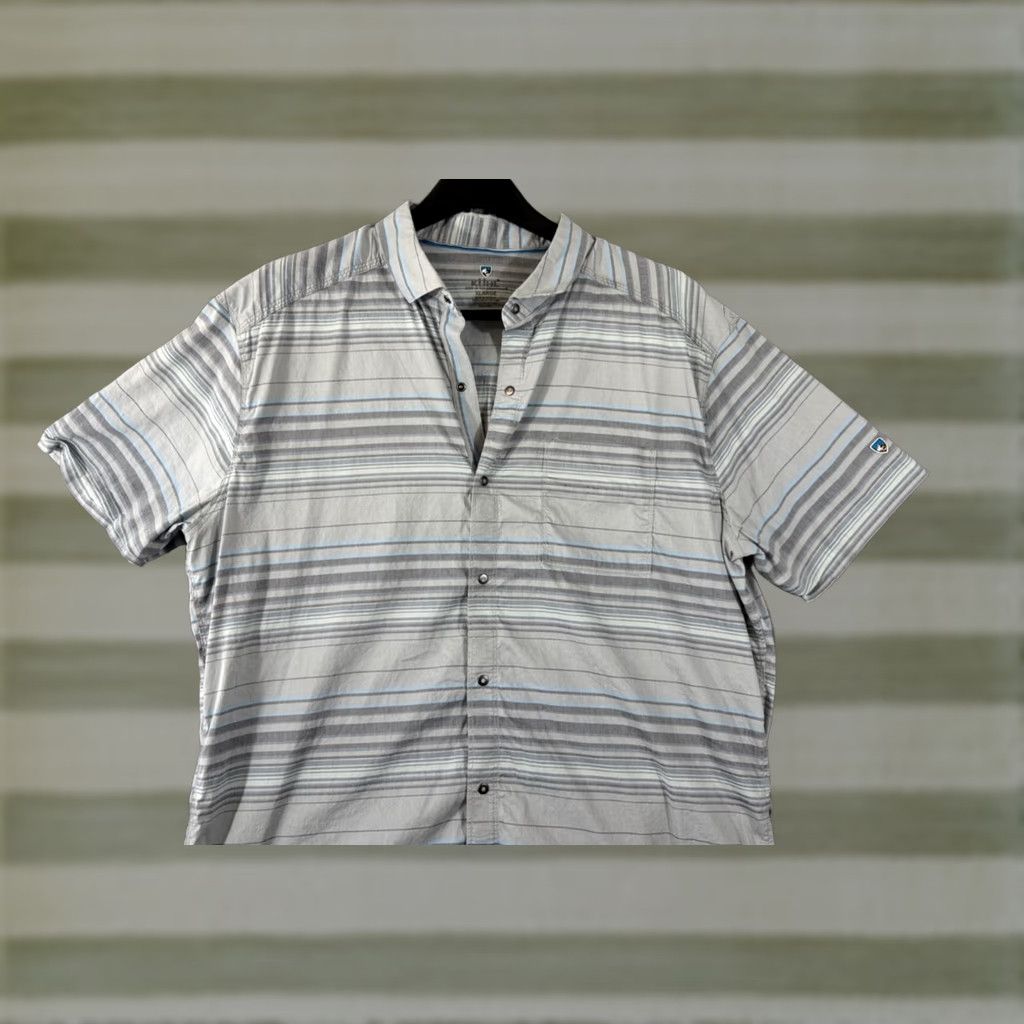 Vintage Kuhl Intriguer Shirt Mens XL Gray Striped Stretch Snap Front Short Sleeve Outdoor Logo Shirt Size US XL / EU 56 / 4 - 1 Thumbnail