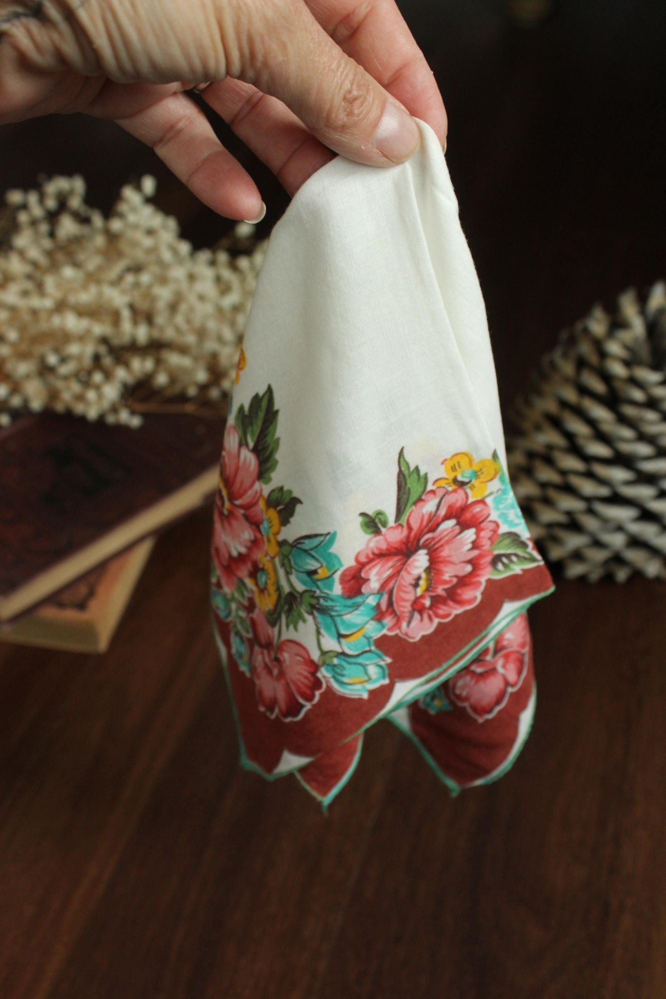 Vintage Vintage Handkerchief, Brown and Teal Wildflower Floral Print Size ONE SIZE - 9 Thumbnail