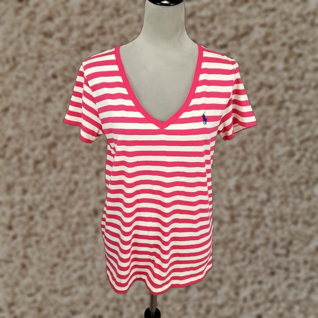 Ralph Lauren Ralph Lauren Women's Large Multicolor Striped V-Neck Short Sleeve Blouse Size L / US 10 / IT 46 - 1 Thumbnail