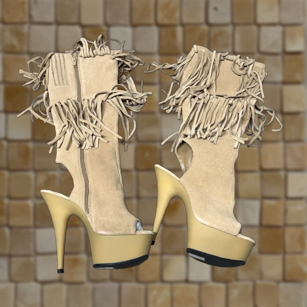 Pleaser Pleaser Delight-2019 Fringe Knee High Open Toe Platform Heels Tan Suede 8M Boots Womens Size US 8 / IT 38 - 1 Thumbnail
