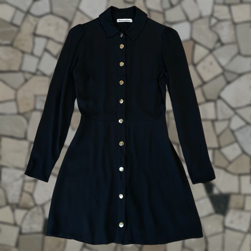 Reformation Hugh Mini Dress Black Long Sleeve Collared Button Short Knit 2  Womens Casual Party/Cocktail