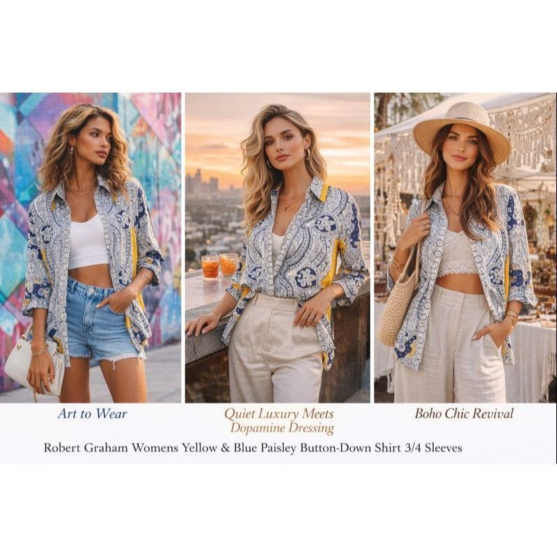 Robert Graham Robert Graham Women Shirt Yellow Blue M Boho Chic Gallery Co Size L / US 10 / IT 46 - 1 Thumbnail