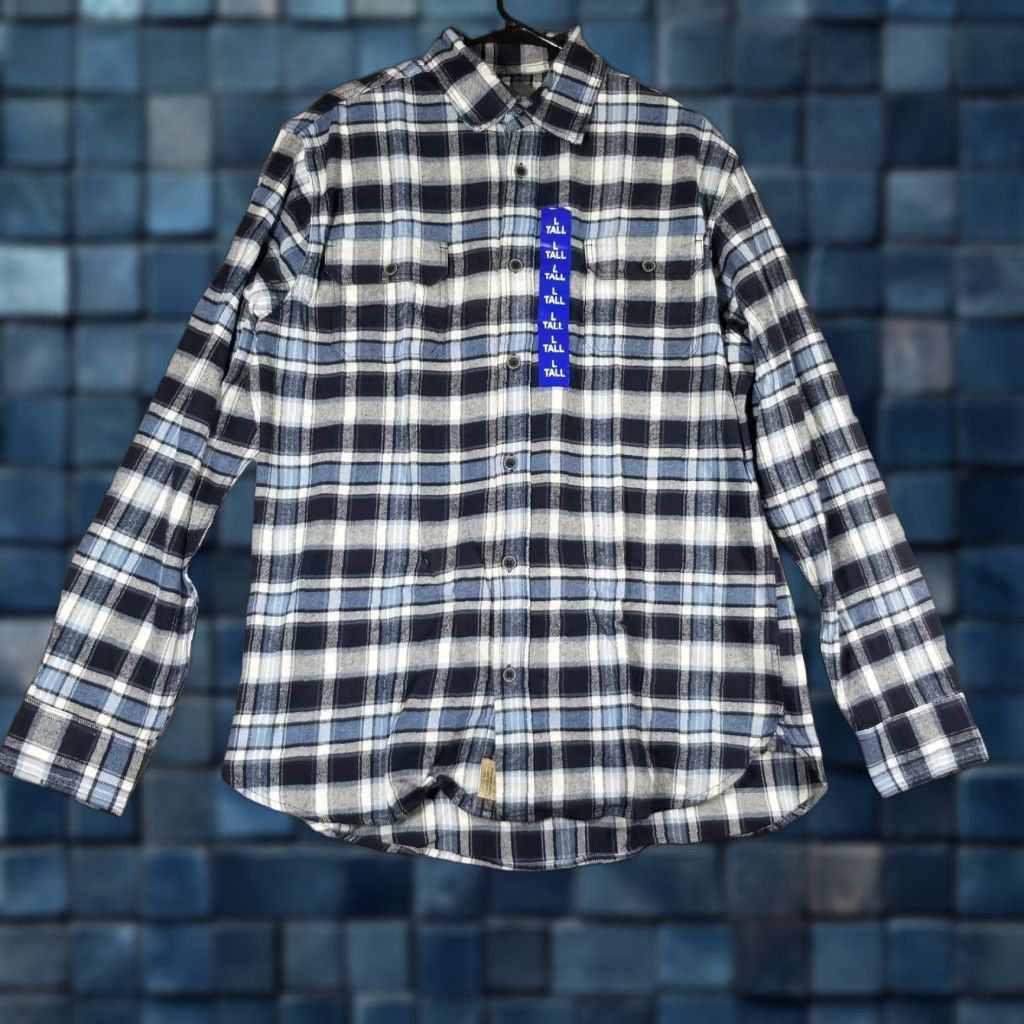 Vintage JACHS Flannel Shirt Mens LT Large Tall Blue Navy Plaid Long Sleeve Button Front Mens Lounging Casual Shirt Size US L / EU 52-54 / 3 - 1 Thumbnail