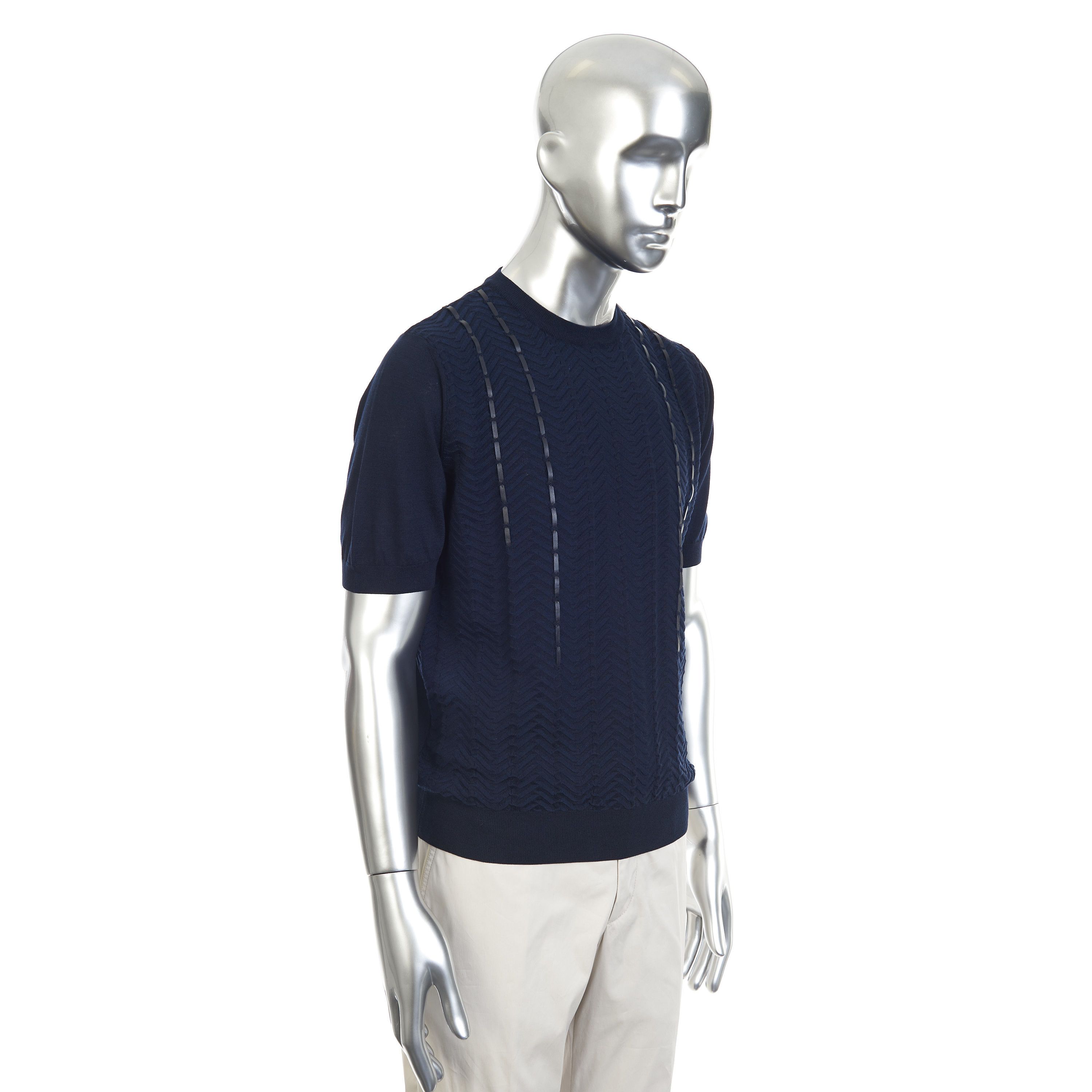 Zilli Dark Navy Jacquard Weave T-Shirt With Lambskin Inserts Size US M / EU 48-50 / 2 - 4 Thumbnail
