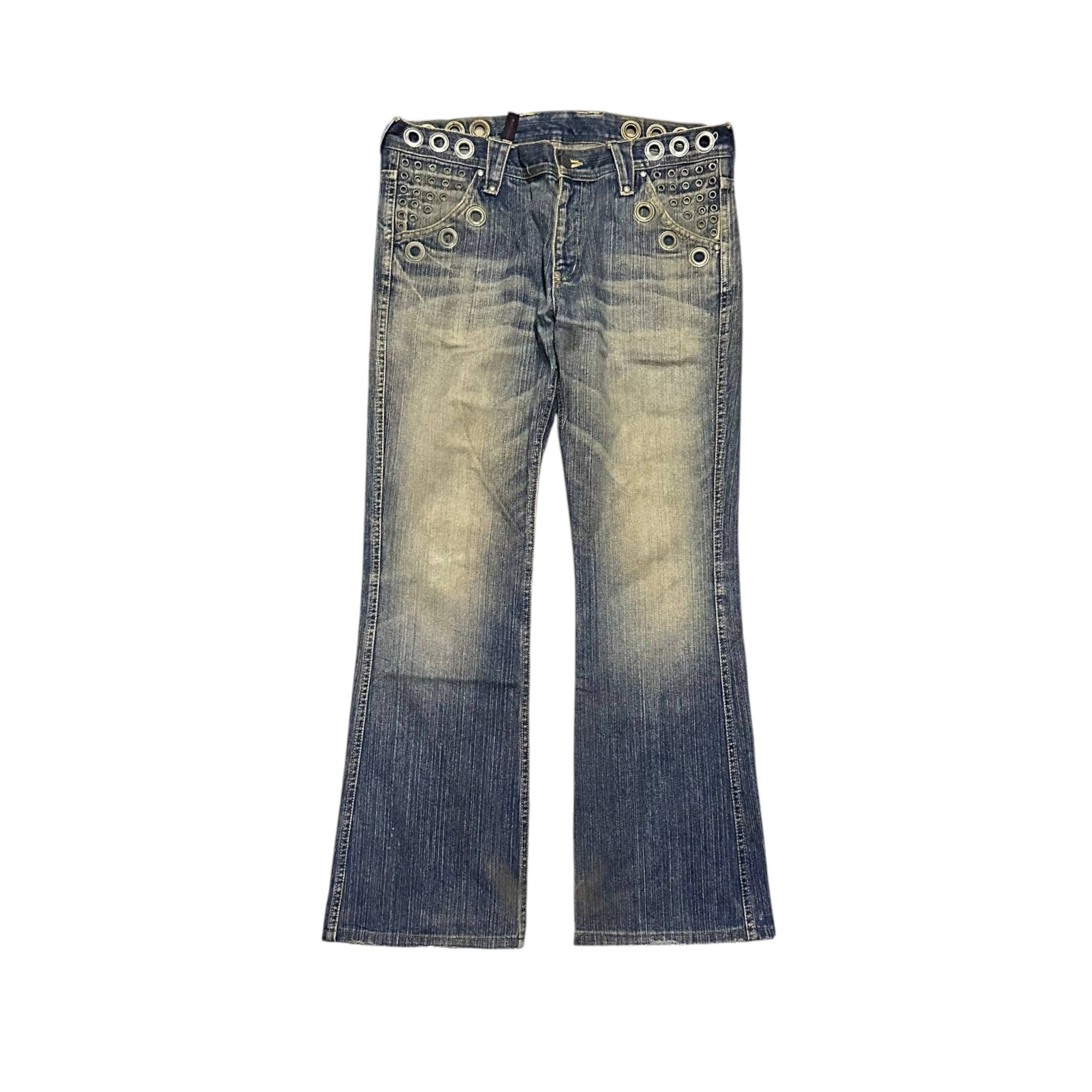 Japanese Brand 2000s Gogmagog Japan Distressed Flared Grommet Rivet Jeans Size US 34 / EU 50 - 1 Thumbnail