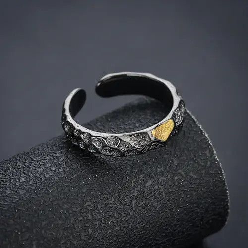 Jewelry Black Textured Open Band Ring with Gold Accent Size ONE SIZE - 3 Thumbnail