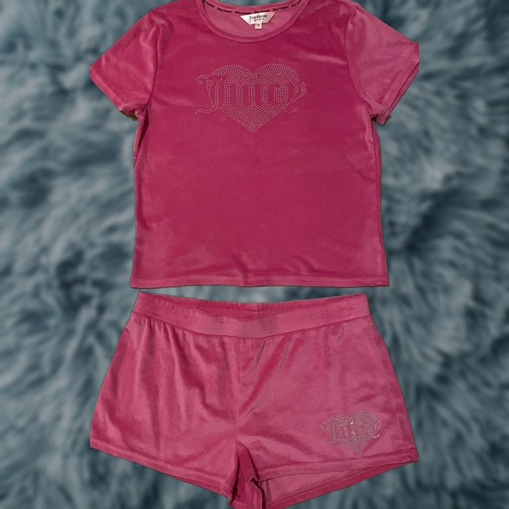 Velour VINTAGE Rhinestone Velour Shirt Short Set XL Pink 80s 90s Designer Bling Juicy Couture Women's T-Shirt Size XL / US 12-14 / IT 48-50 - 1 Thumbnail