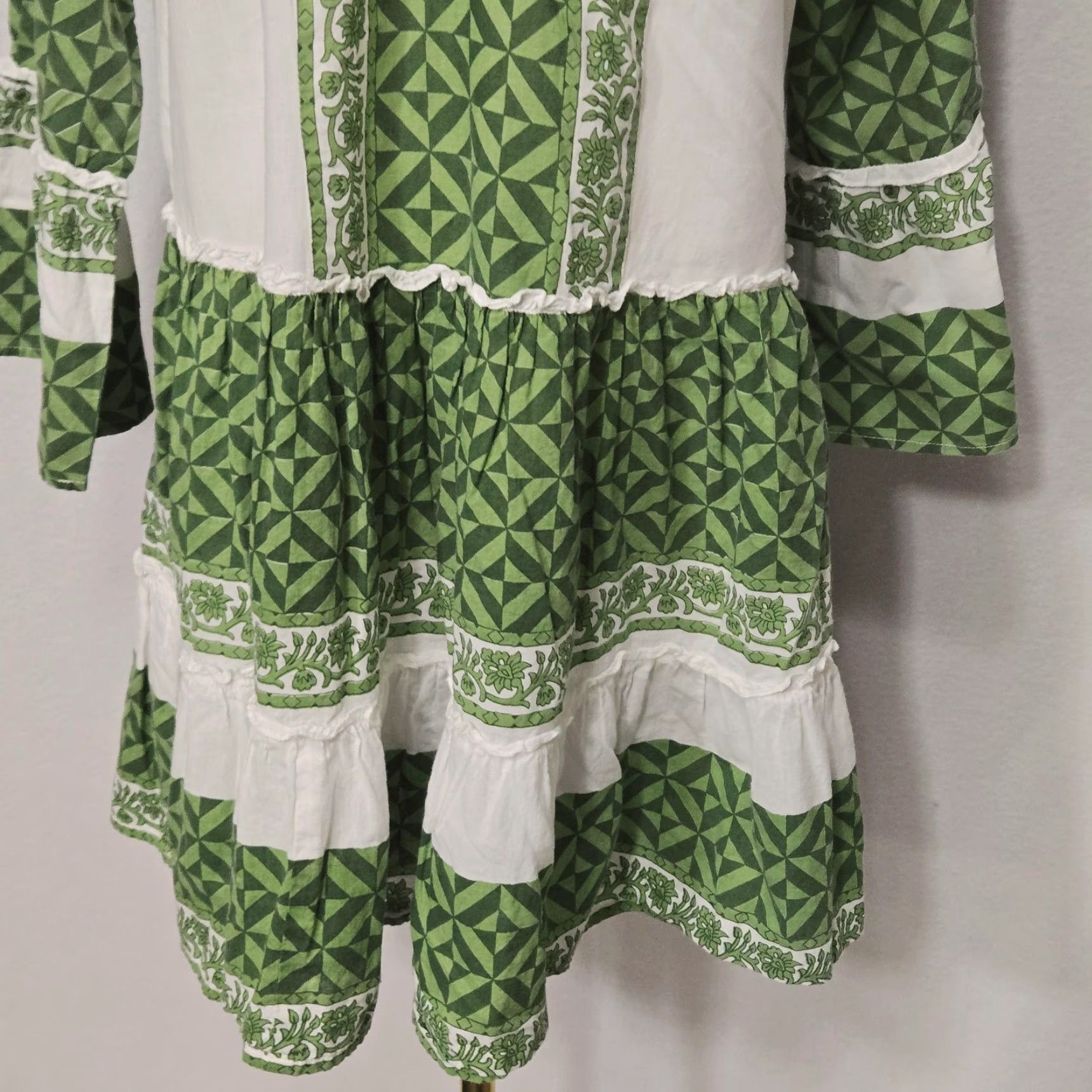 Bell Bindu Dress Womens M Short Green White Geometric Boho Bell Sleeve Swing Size M / US 6-8 / IT 42-44 - 4 Thumbnail