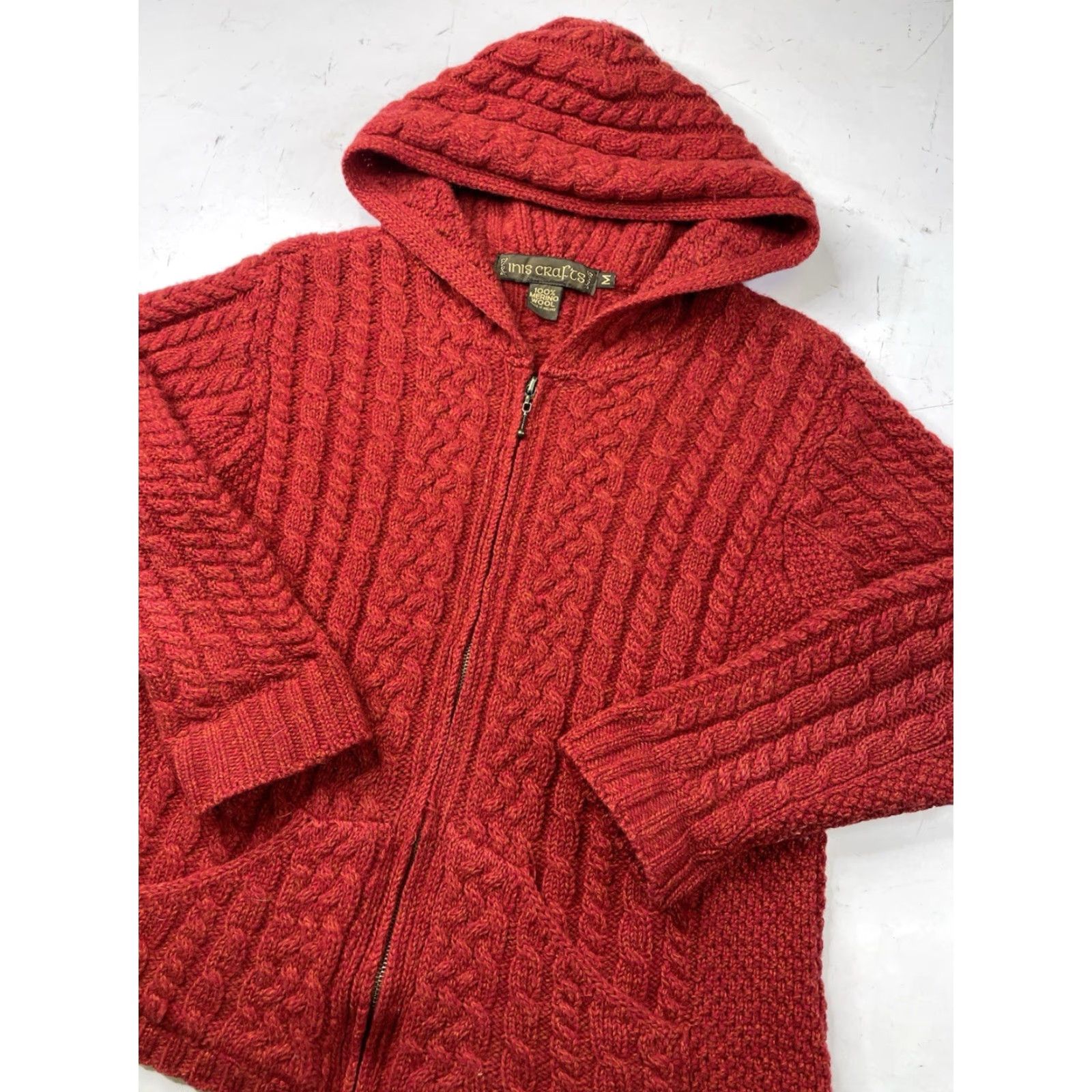 Vintage Inis Crafts Cardigan Sweater Womens M Red Ireland Wool Knit Full Zip Hooded Size M / US 6-8 / IT 42-44 - 2 Thumbnail
