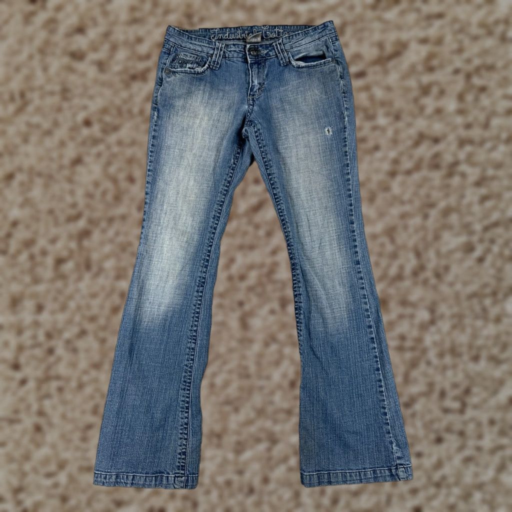 Vintage Industrial Cotton Womens Jeans Flared 28x29 Blue Cotton Blend Distressed Slimming 11 Den Inseam 29 5-Pocket Design Low Rise Vintage No Size 32" / US 10 / IT 46 - 1 Thumbnail