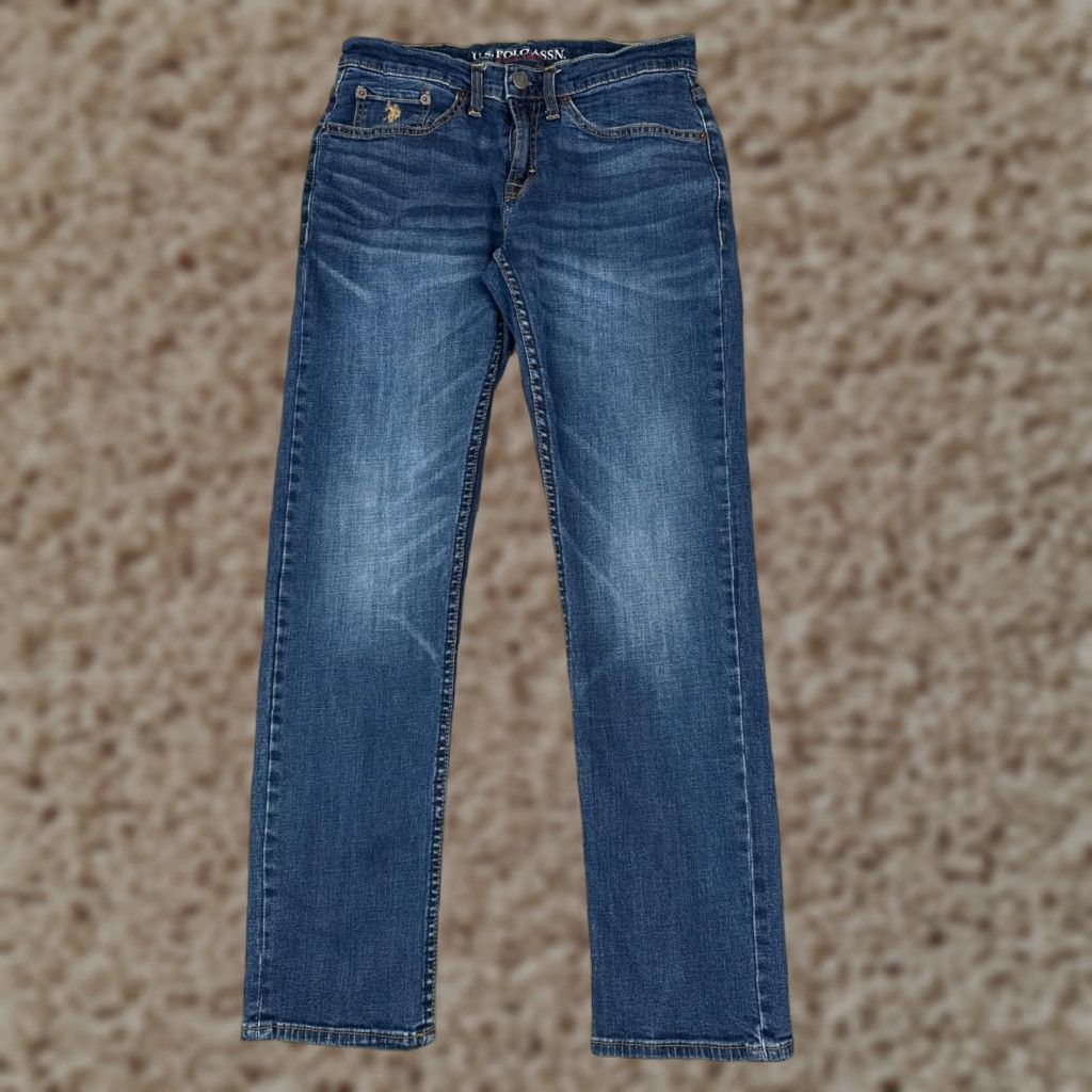 Vintage US Polo Assn Jeans Womens Straight 29 Blue Denim Cotton Blend Mid Rise 28x29 Distressed Zipper Button 90s Cowboy Theme Mens Womens Girls Size 29" - 1 Thumbnail