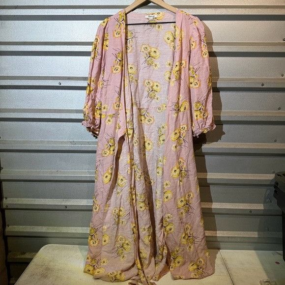 Madewell Madewell Pink Floral Kimono with Yellow Accents Size L / US 10 / IT 46 - 2 Thumbnail