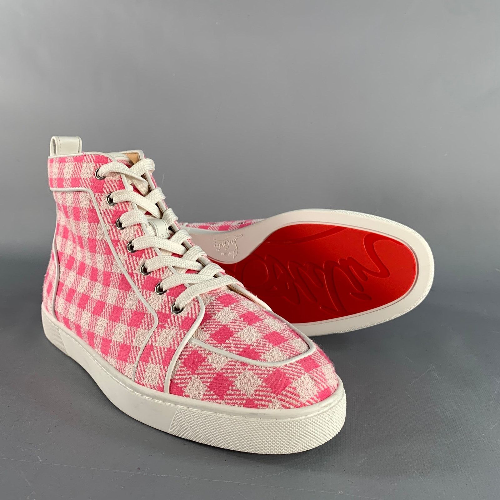 Christian Louboutin Size 9 Pink White Checkered Fabric High Top Sneakers Size US 9 / EU 42 - 5 Thumbnail