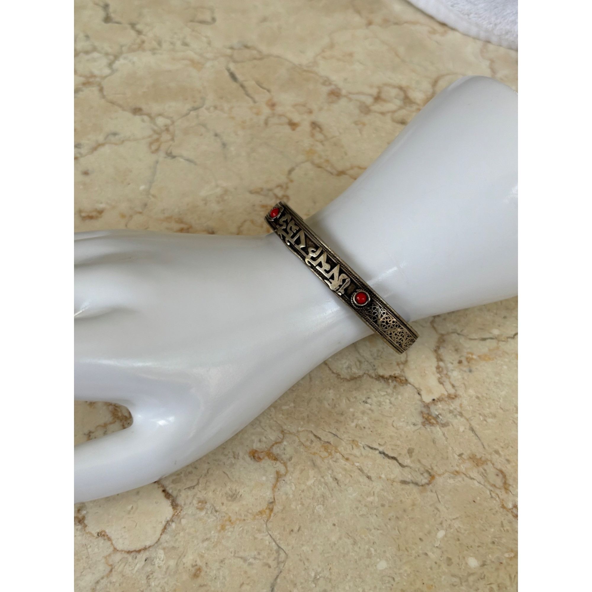 Vintage Tibetan-Inspired Silver Cuff Bracelet With Red Gemstones & E Size ONE SIZE - 8 Thumbnail
