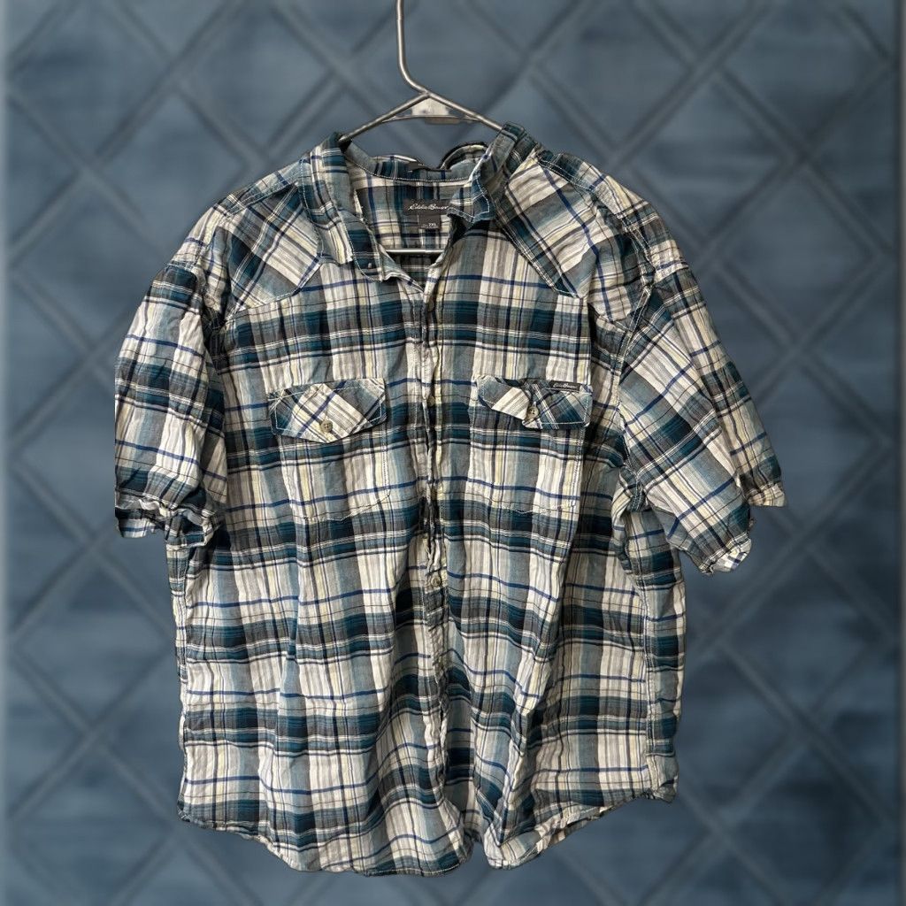 Eddie Bauer EDDIE BAUER Button-Up Shirt 2XL Blue Plaid Short Sleeve Regular Fit Mens Size US 39 - 1 Thumbnail