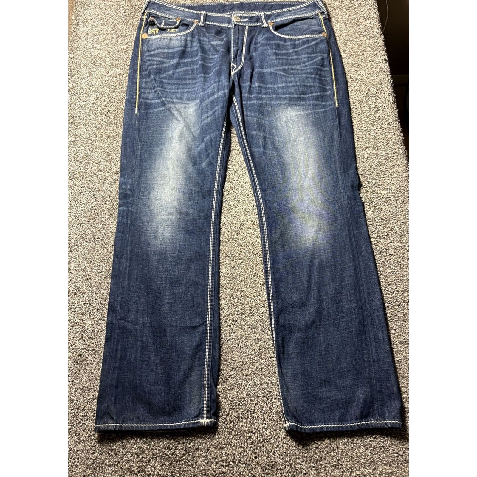 True Religion VINTAGE True Religion Mega T Flap Jeans Mens 40x34 Straight Nat Thick Stitch Mud Slinger Denim 5-Pocket Mens Size US 40 / EU 56 - 3 Thumbnail