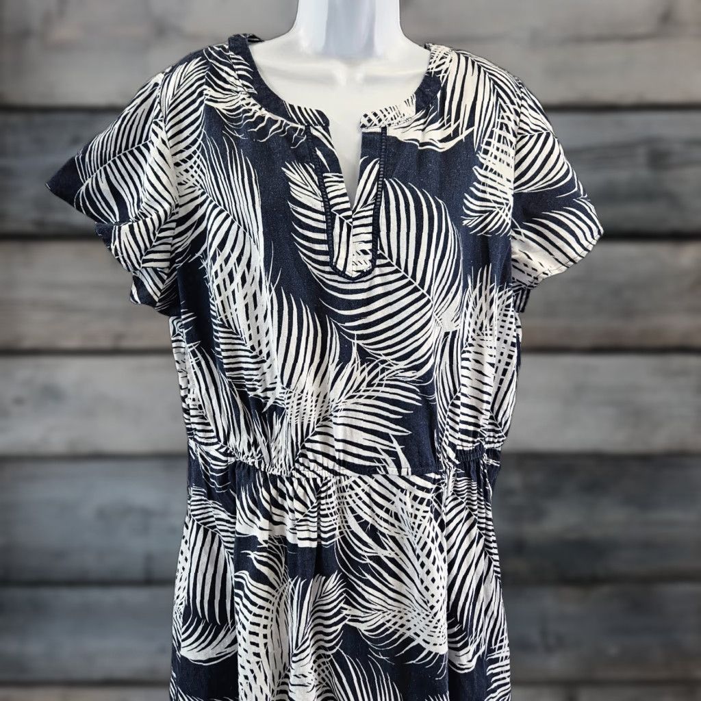 Liz Claiborne Liz Claiborne Dress Womens XL Blue White Linen Blend Short Sleeve Midi Fit & Flare Casual Colorful Womens Size 40" / US 18 - 1 Thumbnail