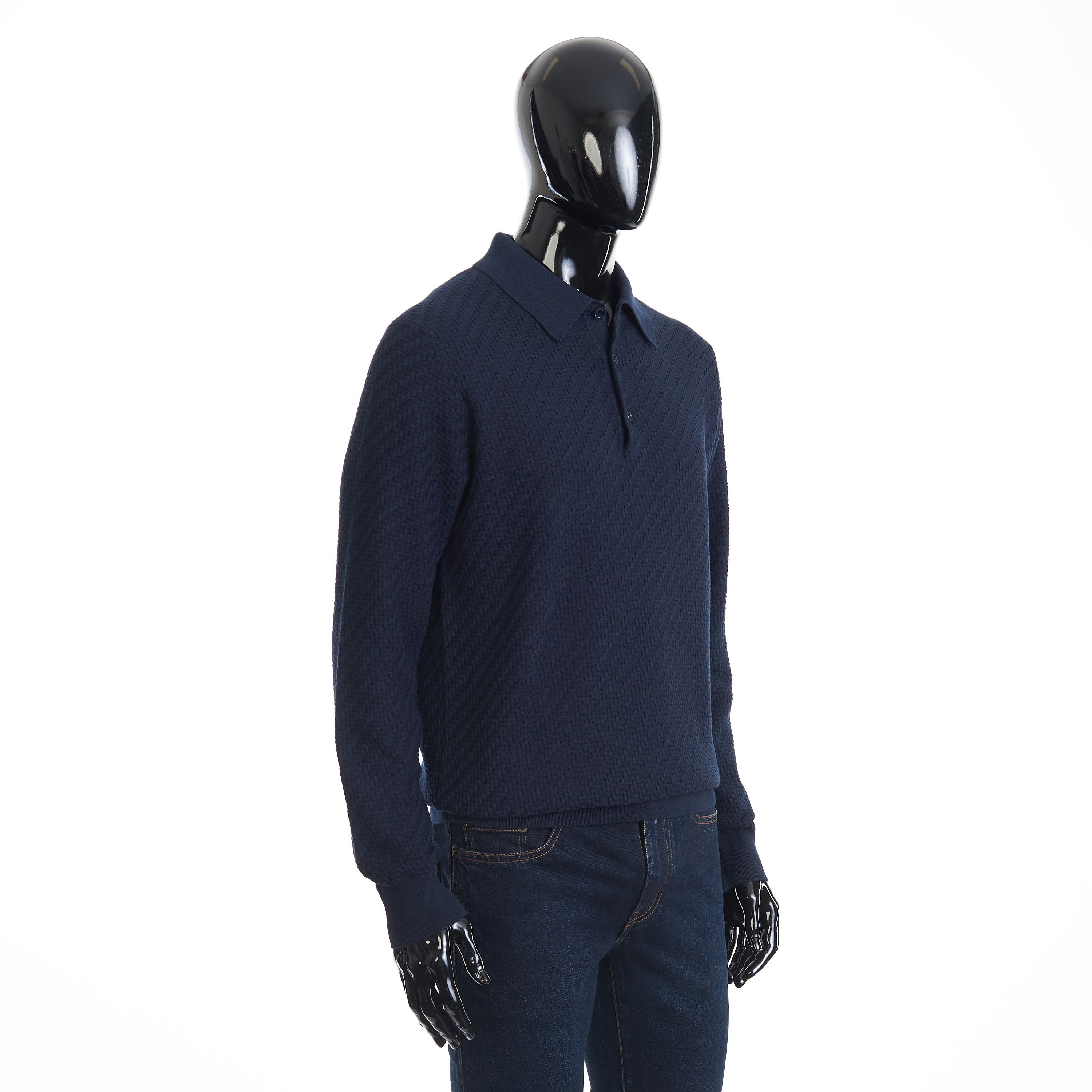 Brioni Navy Blue Cotton, Silk And Cashmere Trama Weave Polo Sweater Size US L / EU 52-54 / 3 - 8 Thumbnail