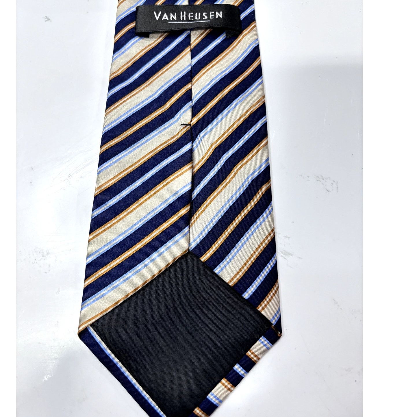 Van Heusen VAN HEUSEN Men's Silk Navy Tan & Cream Stripe Neck Tie Size ONE SIZE - 4 Thumbnail