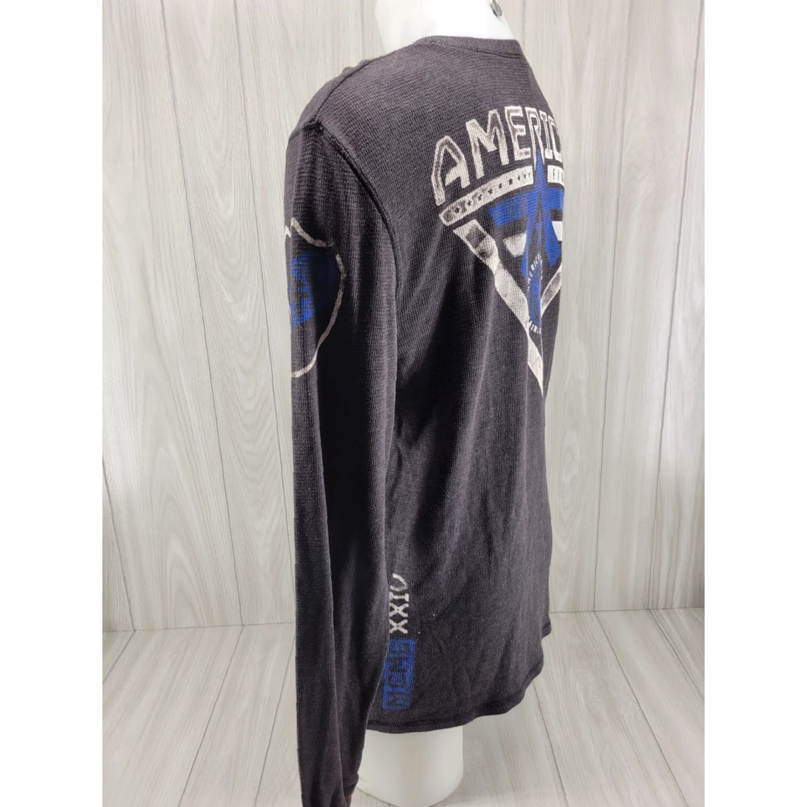 Vintage VINTAGE American Fighter Shirt Long Sleeve Thermal Mens XL Gray Blue MMA Y2k 90s Mens Shirt Size US XL / EU 56 / 4 - 7 Thumbnail