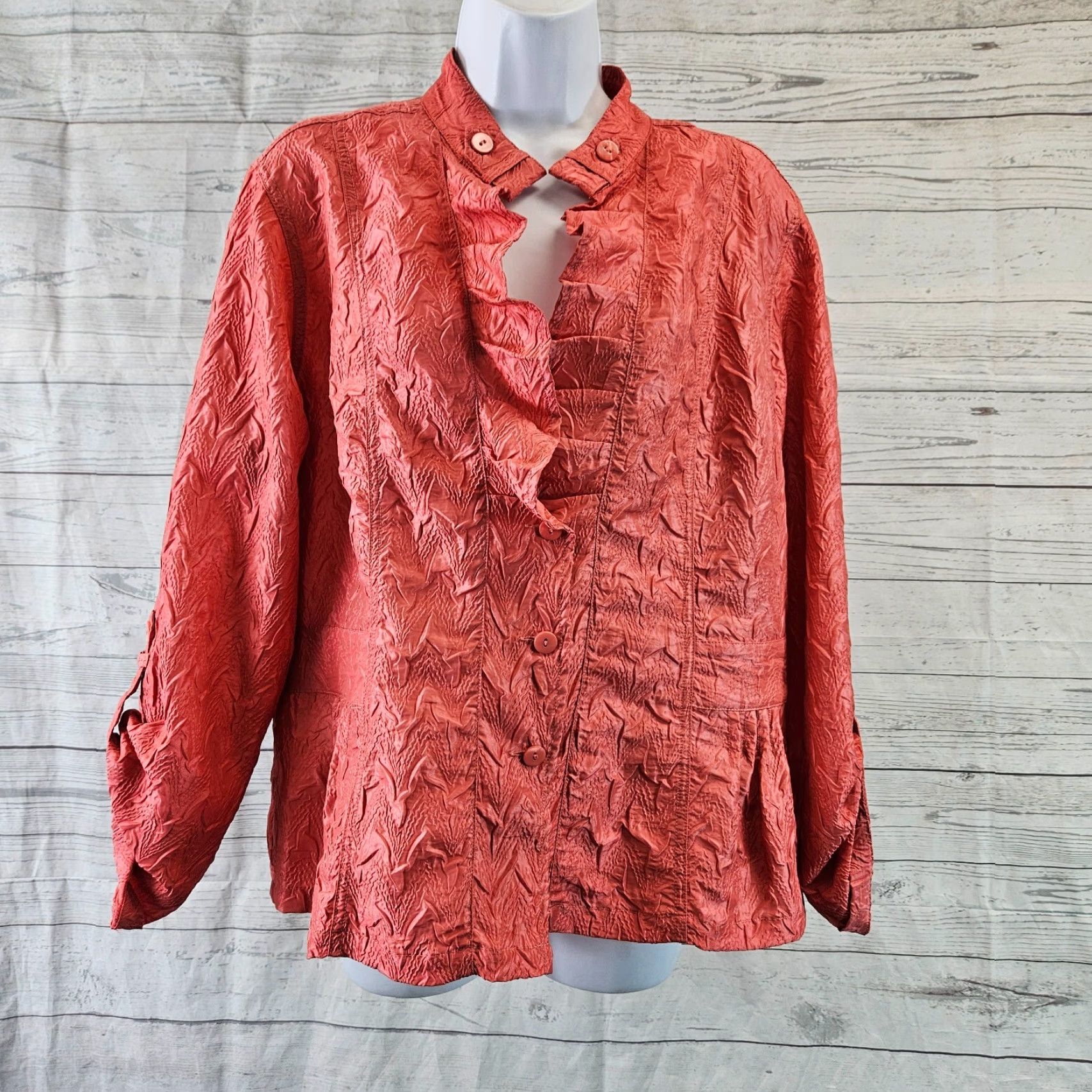 Vintage Chicos Womens Crinkle Jacket Sz Large Orange Button Front Tabbed Sleeves Size L / US 10 / IT 46 - 2 Thumbnail