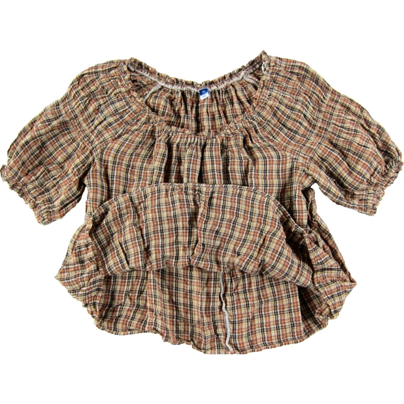 Old Navy Old Navy Blouse 2XL Tall Shirt Womens Tunic Off Shoulder Plaid 100% Cotton Brown Peasant 90s? Size XXL / US 16-18 / IT 52-54 - 5 Thumbnail