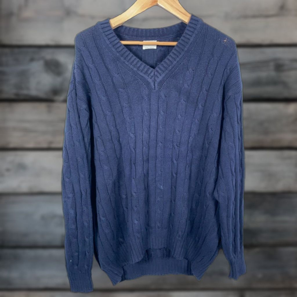 United Colors Of Benetton United Colors of Benetton Sweater Men 2XL Dark Blue Cotton Cable Knit V-Neck Pullover Casual Size US XXL / EU 58 / 5 - 1 Thumbnail