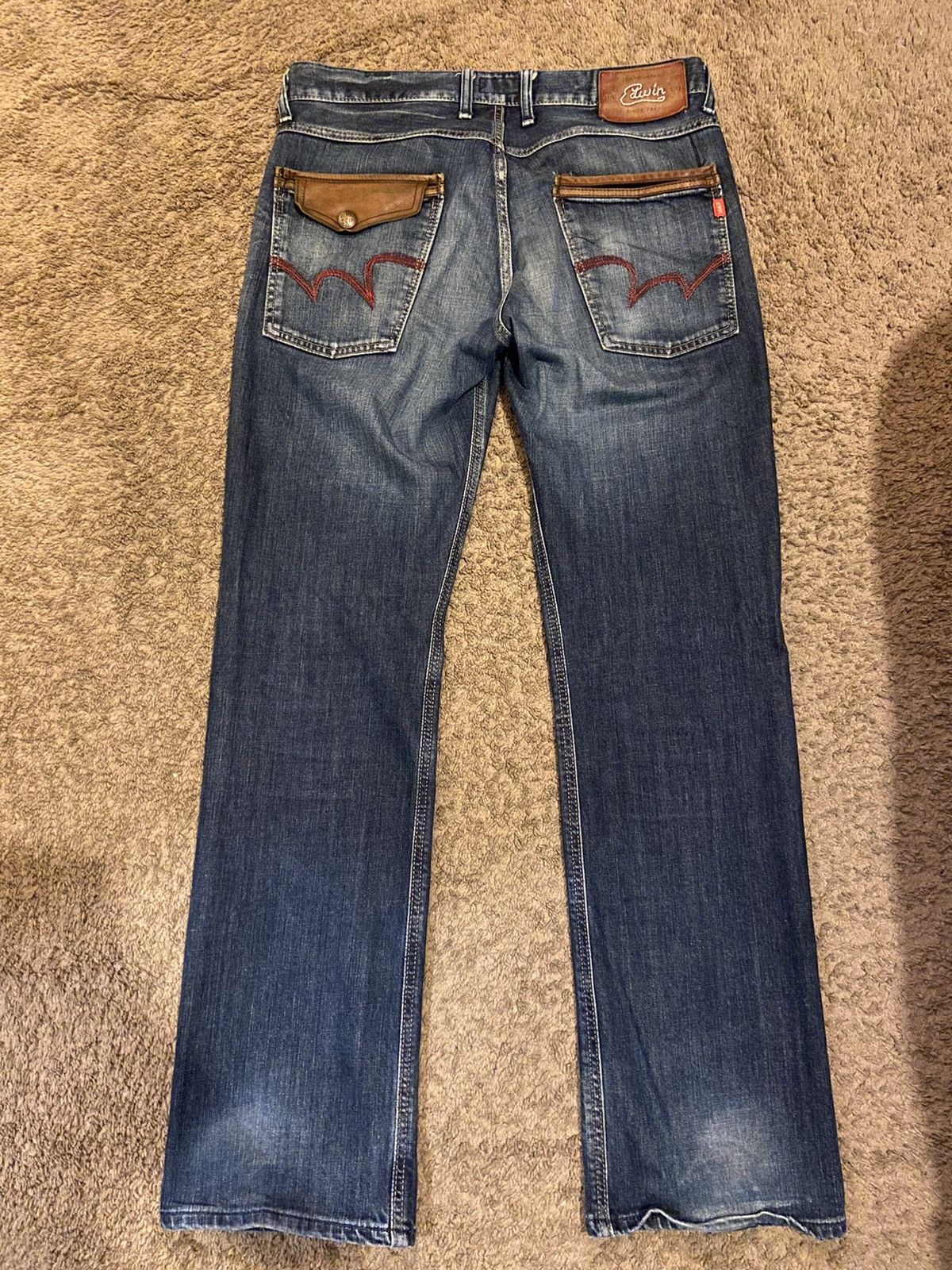 Edwin × Japanese Brand × Vintage VINTAGE Edwin Blue Trip Denim Jeans w/ Leather Pockets Size US 34 / EU 50 - 5 Thumbnail