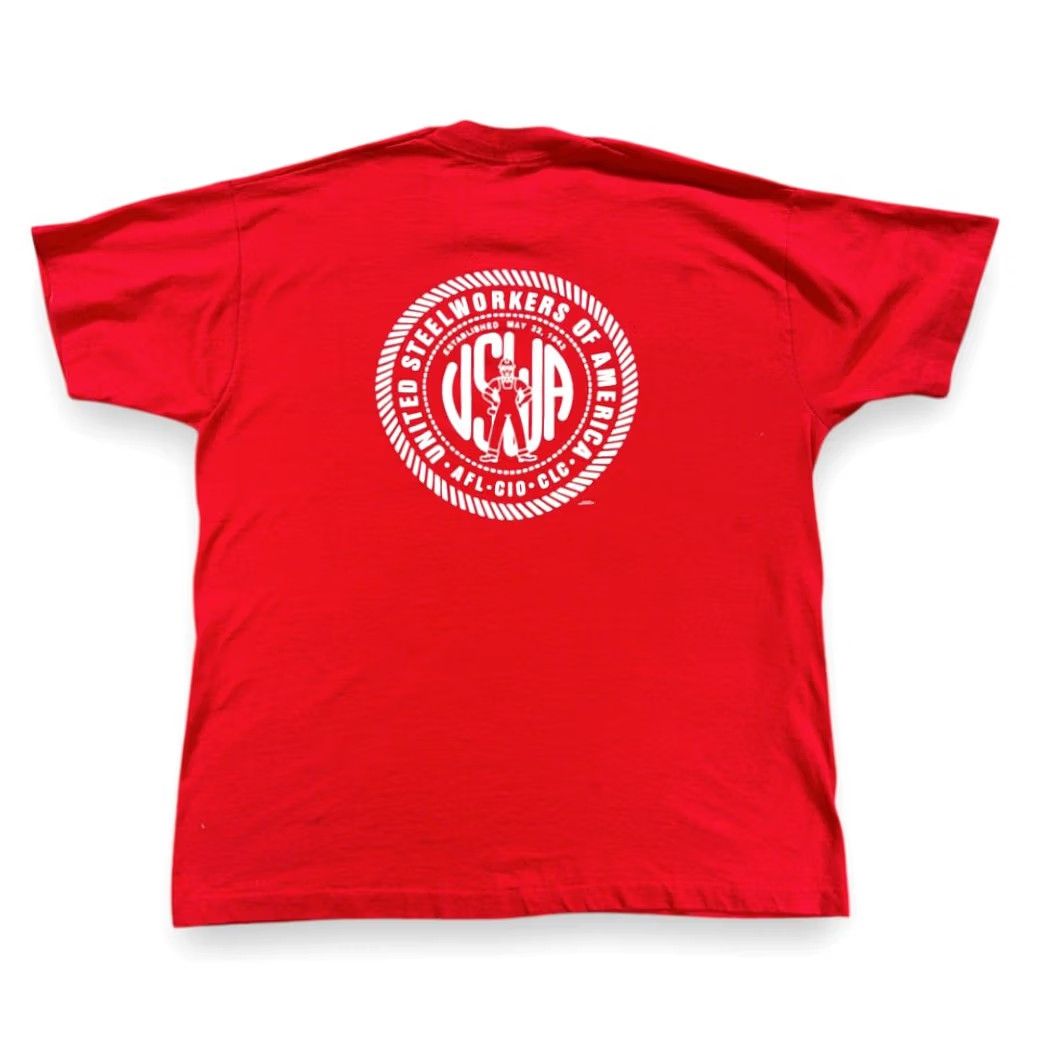 Fruit Of The Loom VINTAGE United Steelworkers Shirt Mens XL Red 90s USWA Illinois Union T-Shirt Cotton Blend Logo Back Graphic Size US XL / EU 56 / 4 - 2 Thumbnail