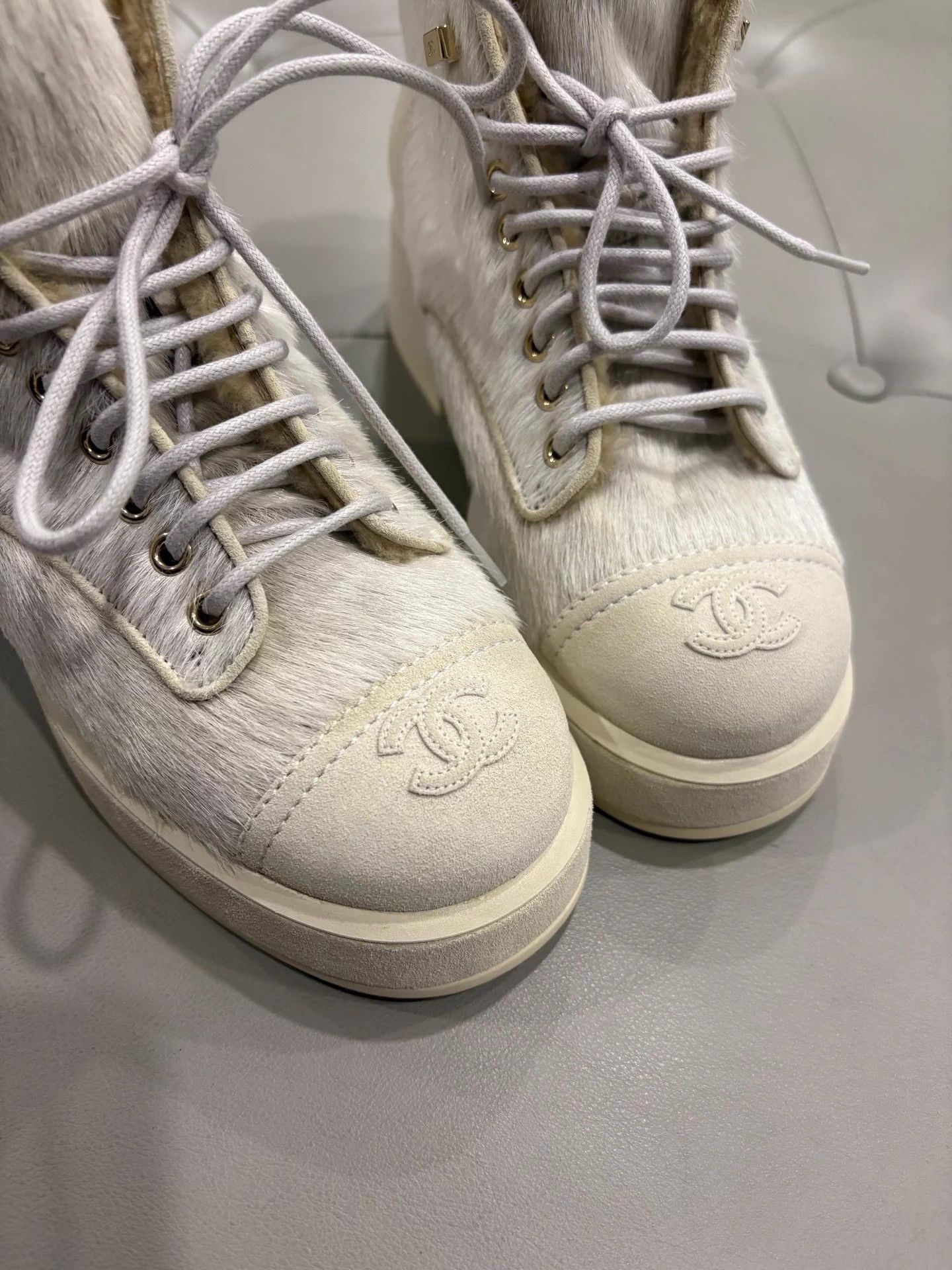 Chanel Chanel White Haircalf Martin Boots w/ Big Logo Knit Socks 38 Size US 7 / IT 37 - 4 Thumbnail