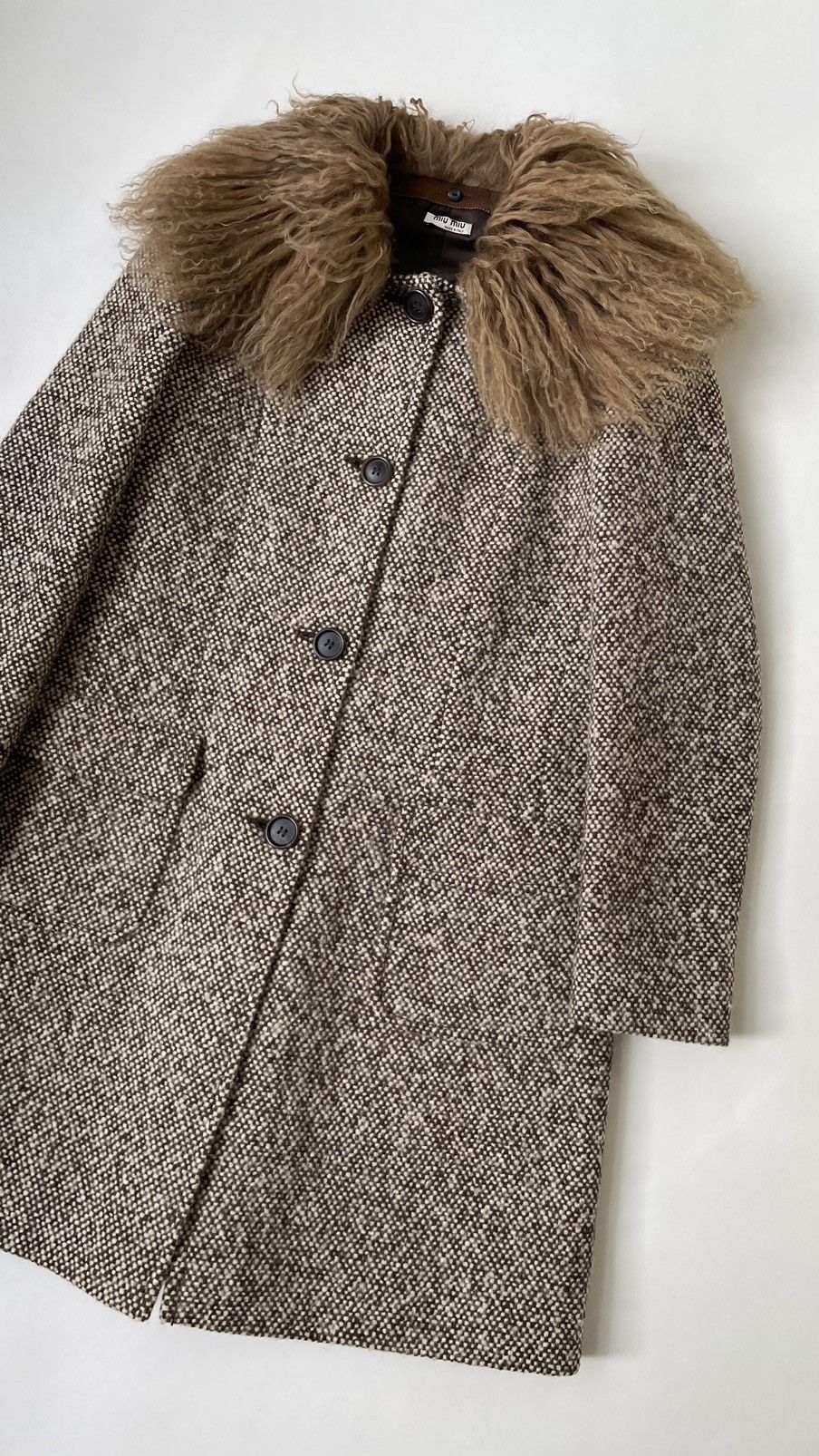 Miu Miu Early 2000s Shearling Collar Boucle Overcoat Size S / US 4 / IT 40 - 9 Thumbnail