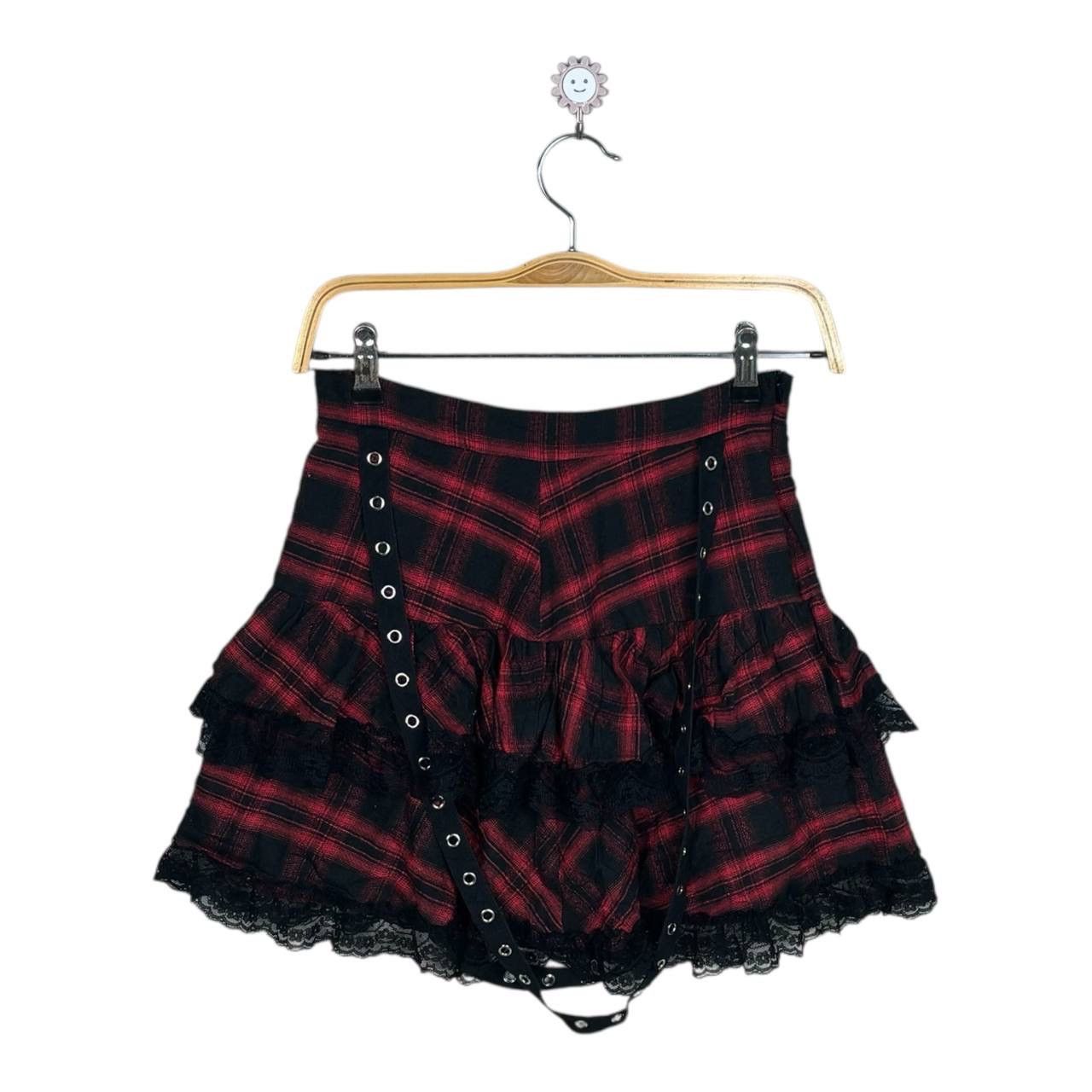 Japanese Brand ROMWE Red Plaid Lace Tiered Mini Skirt - Mall Goth Punk S Size 26" / US 2 / IT 38 - 1 Thumbnail