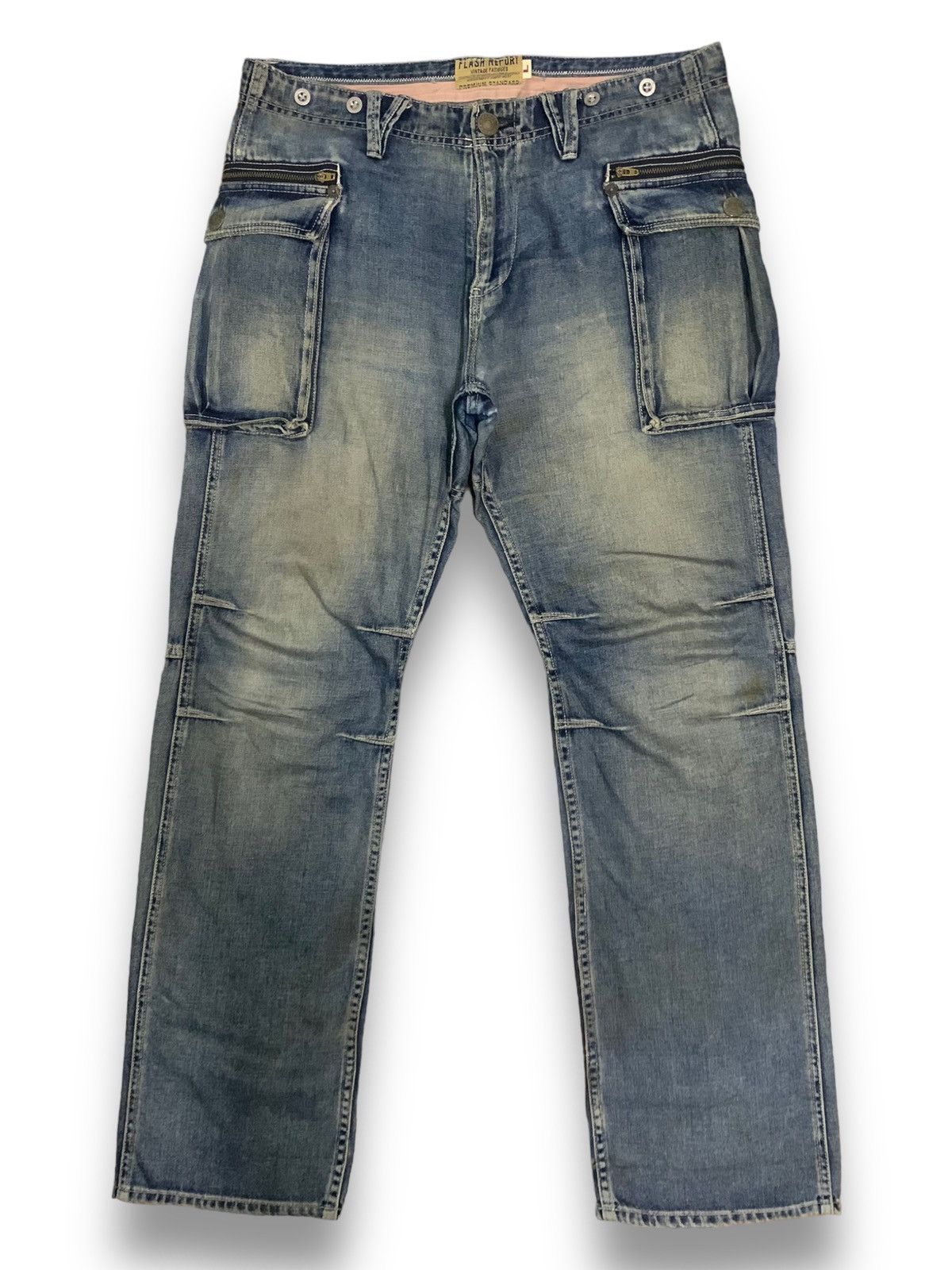 image of Avant Garde x Hysteric Glamour Vintage Flash Report Premium Multipocket Baggy Fatigue Jeans in Blue