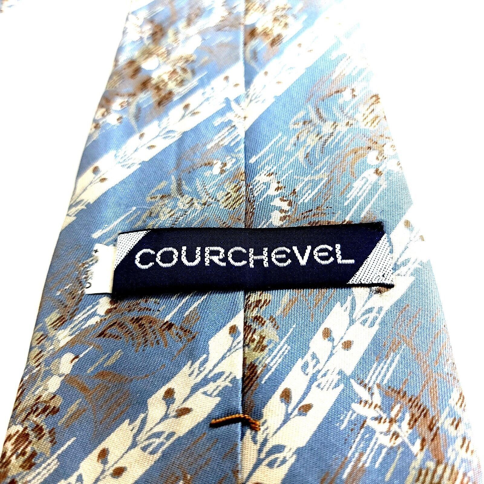Designer Courchevel Blue Tan Floral Striped Print Wide Silk Tie Size ONE SIZE - 3 Thumbnail