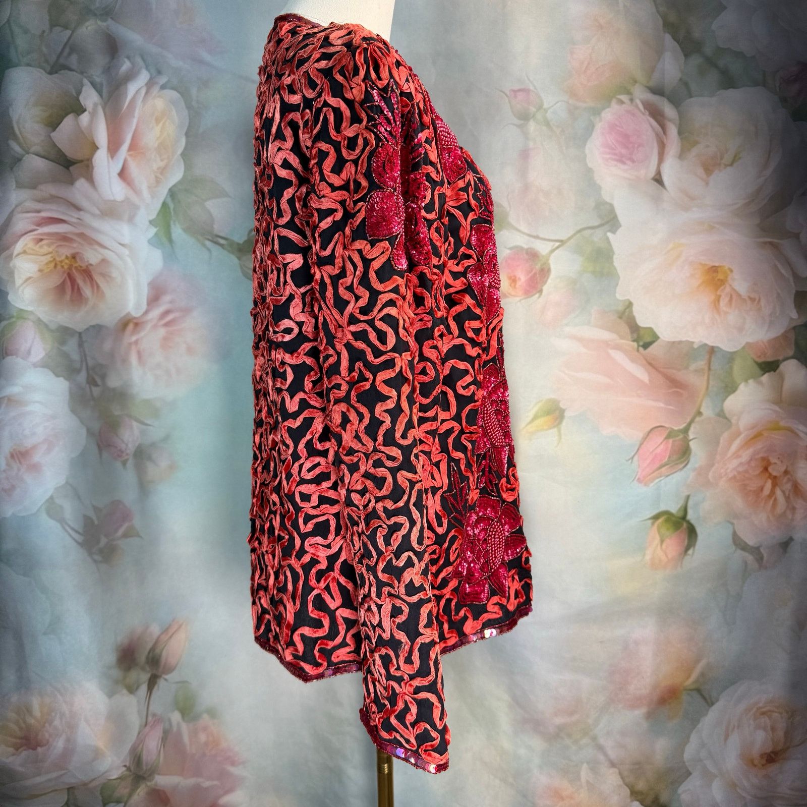 Other Vintage Aries On Knob Hill Pure Silk Sequin Beaded Jacket Size L / US 10 / IT 46 - 3 Thumbnail