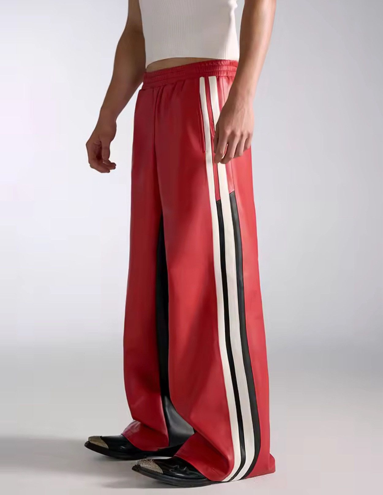Japanese Brand Red PU Leather Wide-Leg Pants with Stripes Size US 33 - 5 Thumbnail